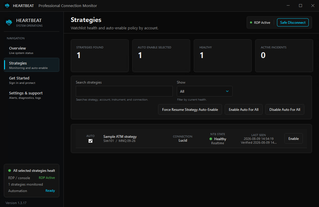 Actual HeartBeat Strategies screen showing selected strategy health and automatic re-enable controls