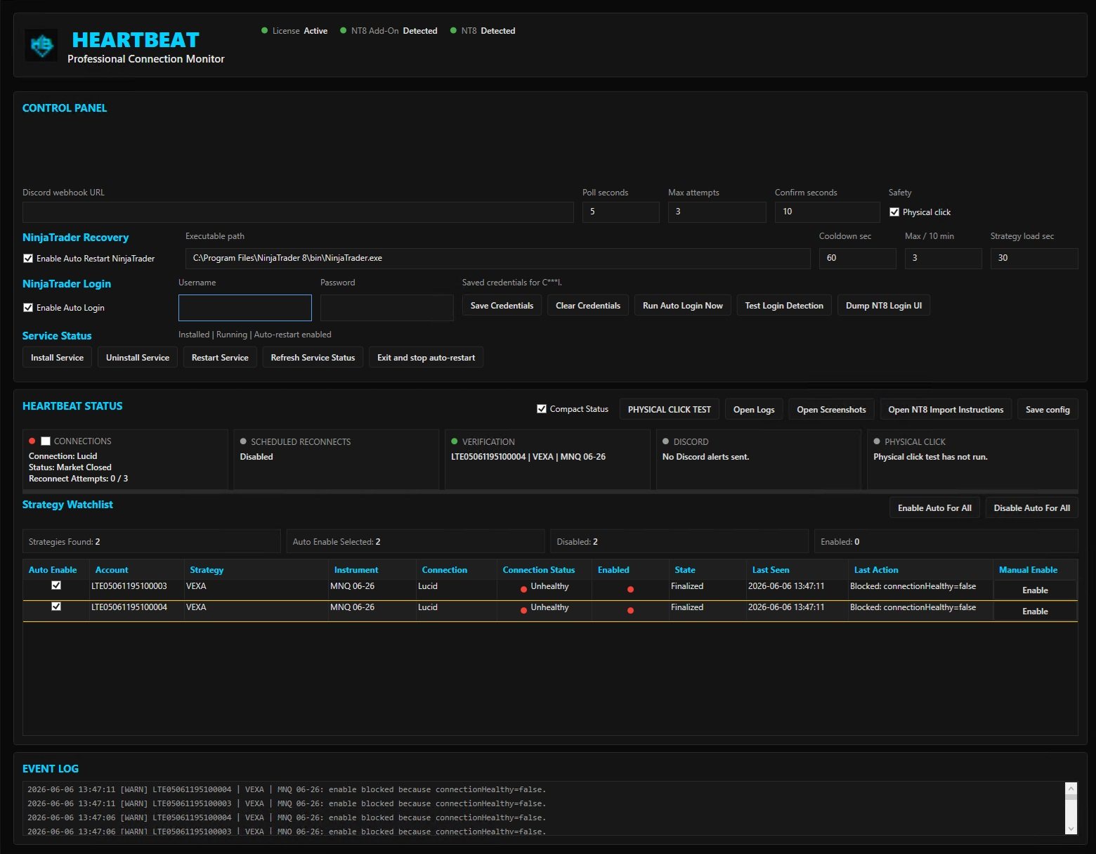 Actual HeartBeat dashboard showing healthy, enabled strategies and live status counts